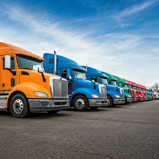 Modern semi-truck fleet lined up