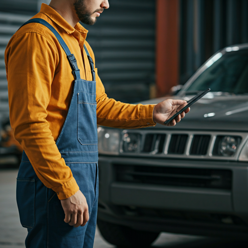 Mechanic using digital tablet for diagnostics