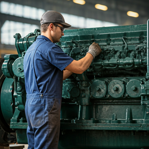 Industrial mechanic working on heavy machinery engine